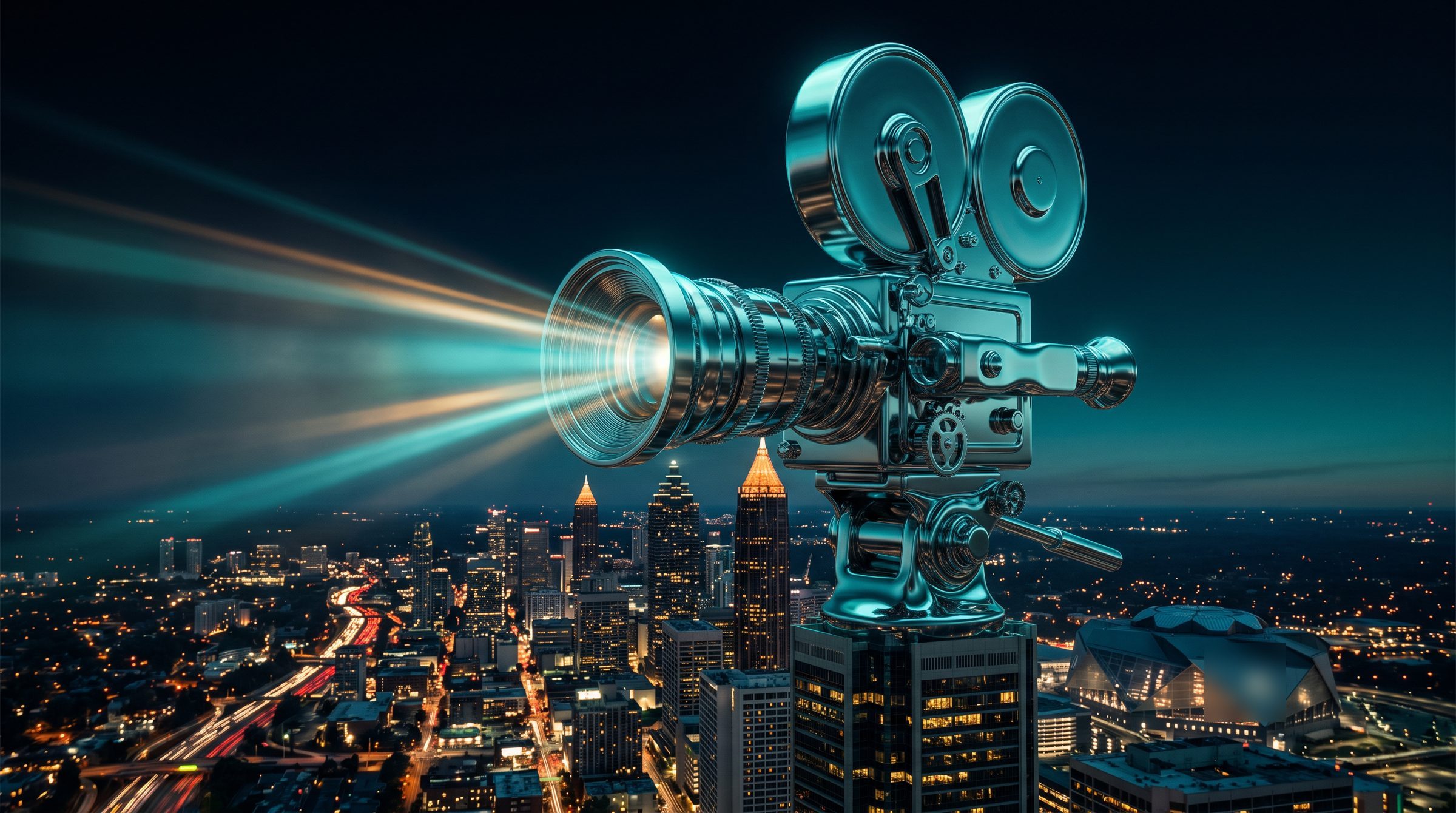 Chrome cinema camera towering over the Atlanta skyline at night